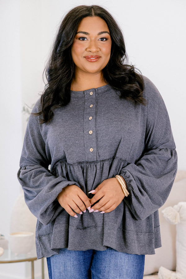 Chic Soul plus size clothing, gray long sleeve babydoll style top with button up detail with cuff bubble sleeves with ruffle along bottom
