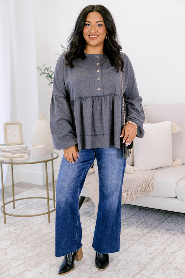 Chic Soul plus size clothing, gray long sleeve babydoll style top with button up detail with cuff bubble sleeves with ruffle along bottom
