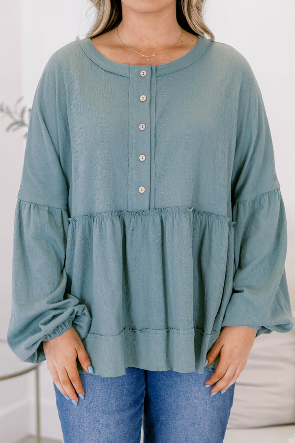 Chic Soul plus size clothing, light sage green long sleeve baby doll top with buttons half way down
