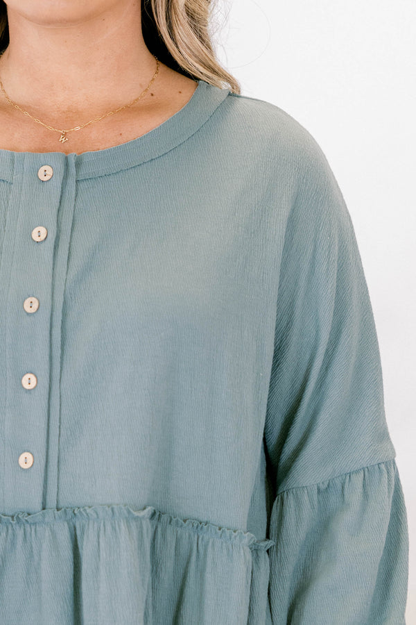 Chic Soul plus size clothing, light sage green long sleeve baby doll top with buttons half way down