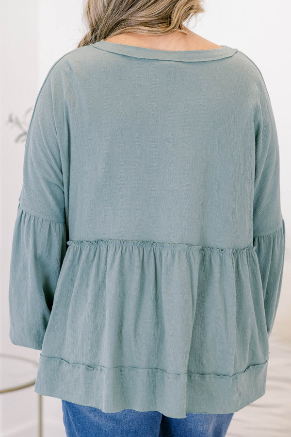 Chic Soul plus size clothing, light sage green long sleeve baby doll top with buttons half way down