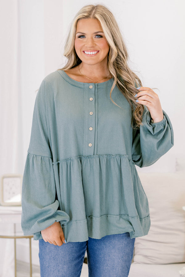 Chic Soul plus size clothing, light sage green long sleeve baby doll top with buttons half way down