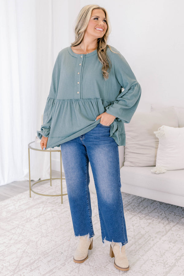 Chic Soul plus size clothing, light sage green long sleeve baby doll top with buttons half way down