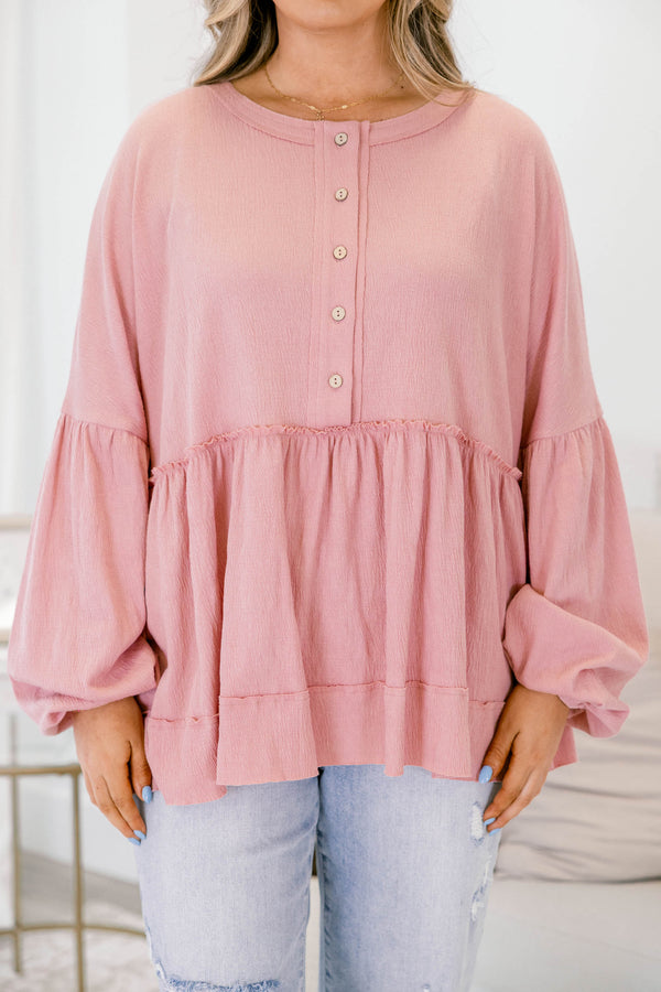 Chic Soul plus size clothing, dusty rose babydoll top with long  bubble sleeves and buttons going down to the chest on the center of the shirt 