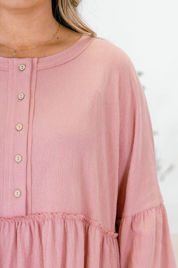 Chic Soul plus size clothing, dusty rose babydoll top with long  bubble sleeves and buttons going down to the chest on the center of the shirt 