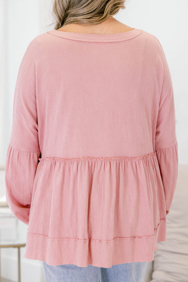 Chic Soul plus size clothing, dusty rose babydoll top with long  bubble sleeves and buttons going down to the chest on the center of the shirt 