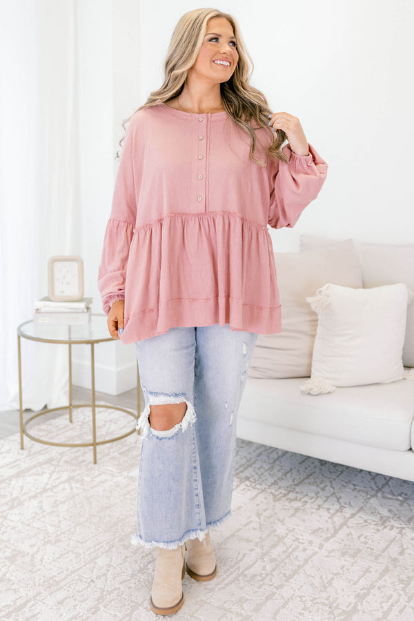 Chic Soul plus size clothing, dusty rose babydoll top with long  bubble sleeves and buttons going down to the chest on the center of the shirt 