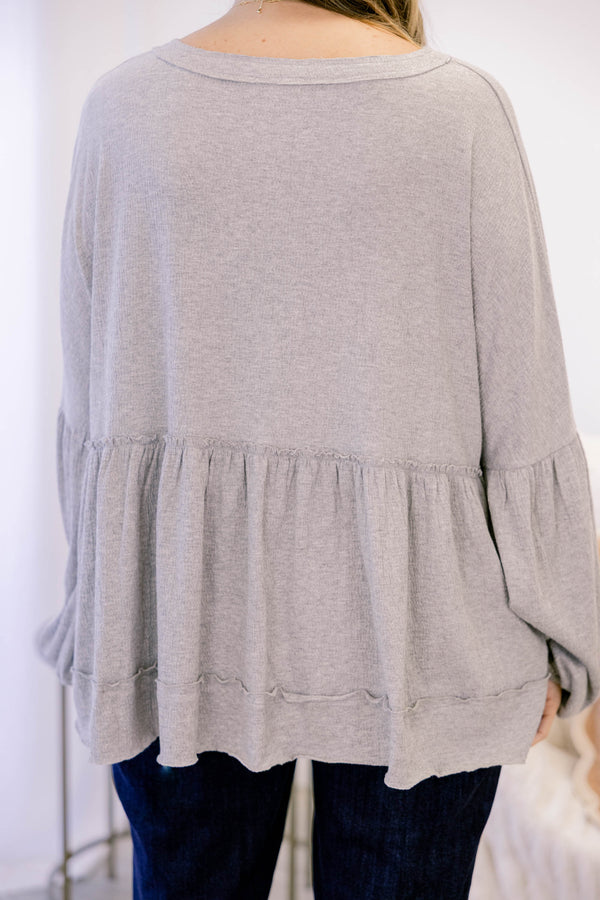 Chic Soul plus size clothing, gray long sleeve baby doll top with balloon sleeves and buttons half way down the front