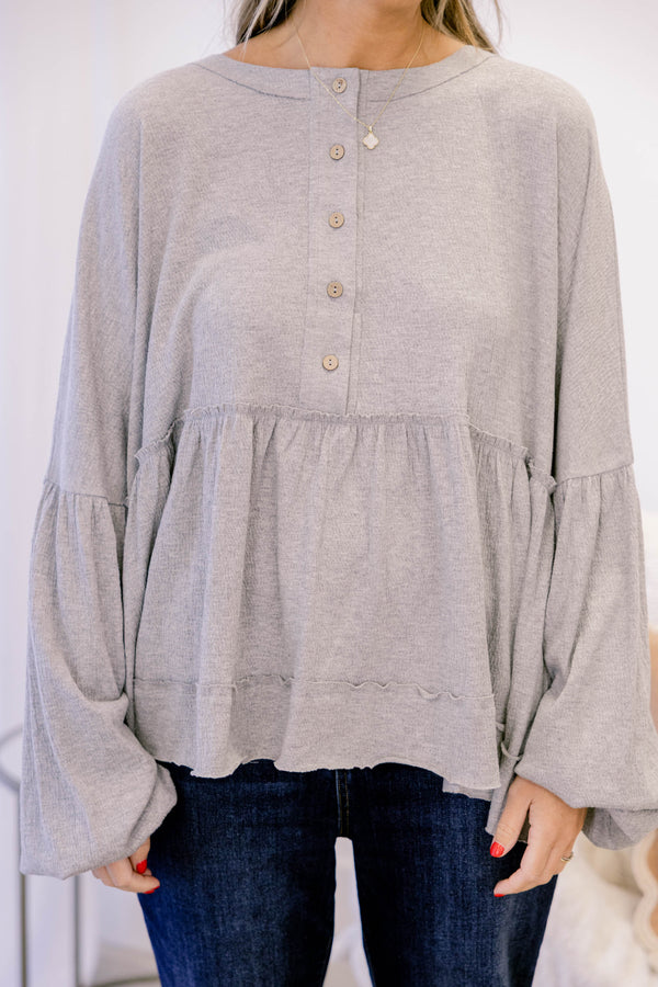 Chic Soul plus size clothing, gray long sleeve baby doll top with balloon sleeves and buttons half way down the front