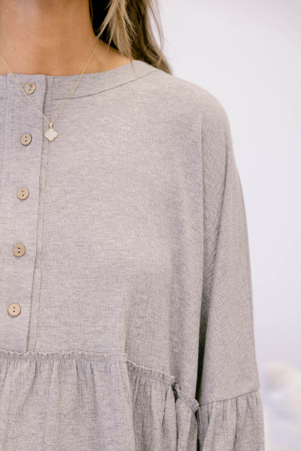 Chic Soul plus size clothing, gray long sleeve baby doll top with balloon sleeves and buttons half way down the front