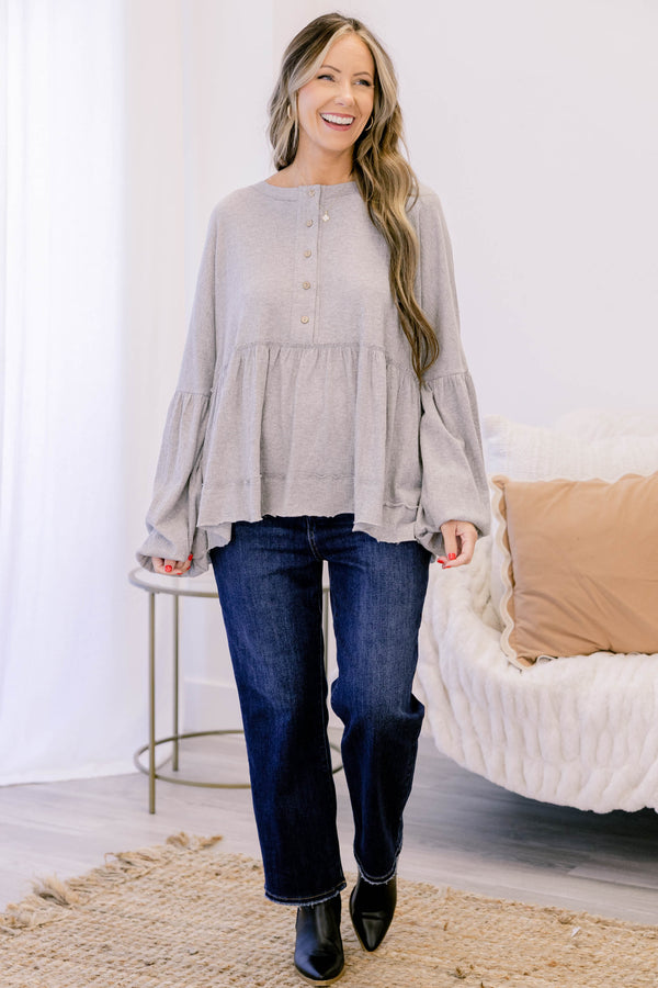 Chic Soul plus size clothing, gray long sleeve baby doll top with balloon sleeves and buttons half way down the front