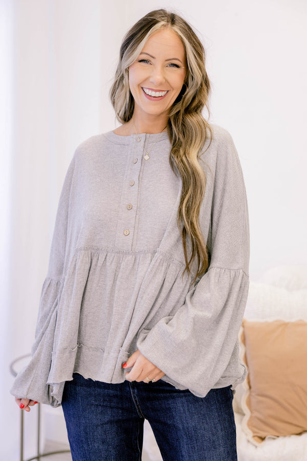 Chic Soul plus size clothing, gray long sleeve baby doll top with balloon sleeves and buttons half way down the front