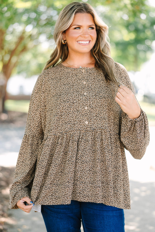 Plus Size leopard print babydoll top with long puff sleeves, a button-down front, and tiered hem.