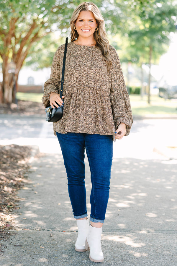 Plus Size leopard print babydoll top with long puff sleeves, a button-down front, and tiered hem.