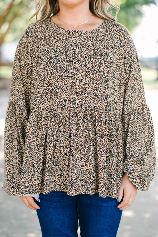 Plus Size leopard print babydoll top with long puff sleeves, a button-down front, and tiered hem.