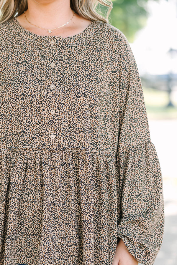 Plus Size leopard print babydoll top with long puff sleeves, a button-down front, and tiered hem.