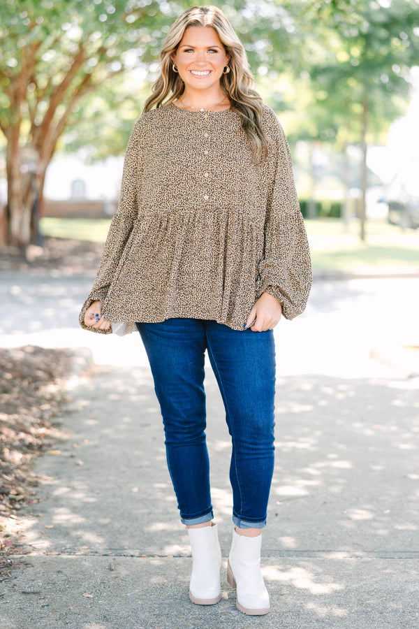 Plus Size leopard print babydoll top with long puff sleeves, a button-down front, and tiered hem.