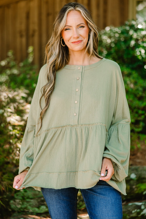 Chic Soul plus size clothing, olive green long sleeve baby doll top with buttons half way down 

