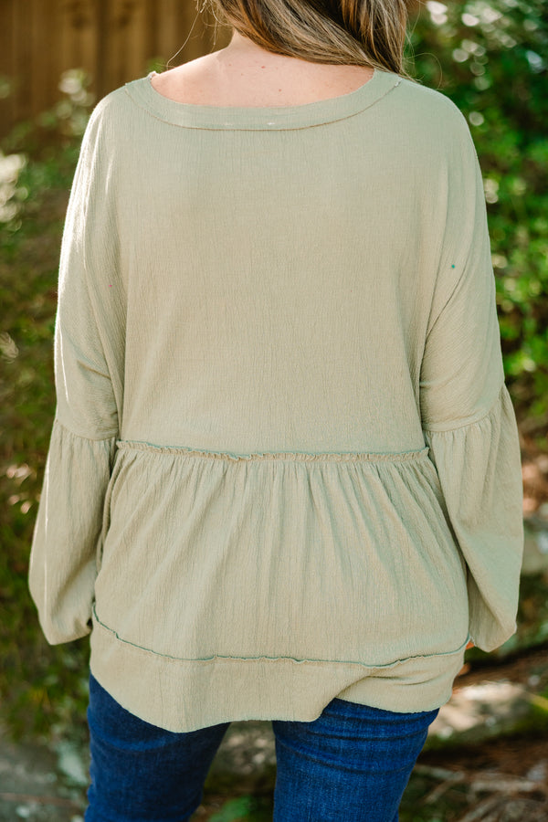 Chic Soul plus size clothing, olive green long sleeve baby doll top with buttons half way down 
