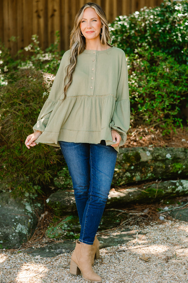 Chic Soul plus size clothing, olive green long sleeve baby doll top with buttons half way down 
