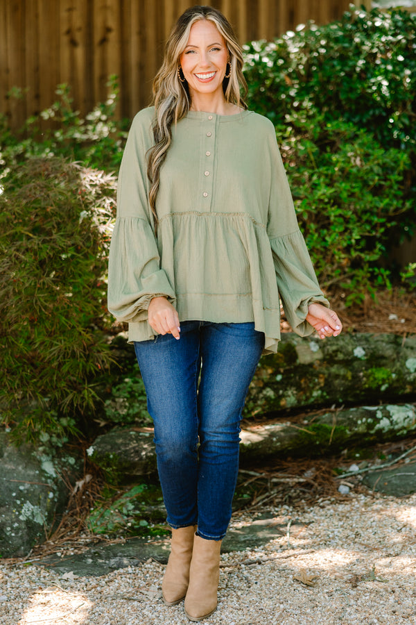 Chic Soul plus size clothing, olive green long sleeve baby doll top with buttons half way down 
