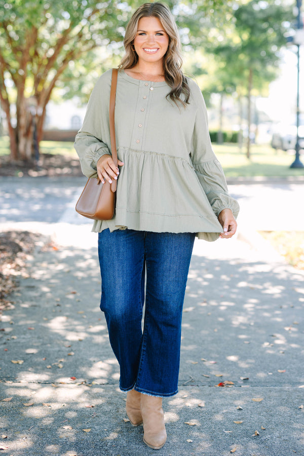 Chic Soul plus size clothing, olive green long sleeve baby doll top with buttons half way down 
