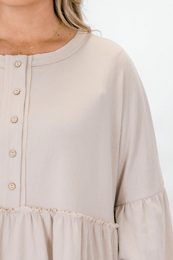 Chic Soul plus size clothing, light tan long sleeve baby doll top with buttons 1/2 way down 