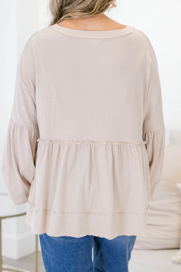 Chic Soul plus size clothing, light tan long sleeve baby doll top with buttons 1/2 way down 