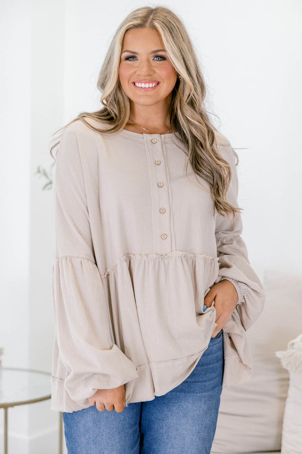 Chic Soul plus size clothing, light tan long sleeve baby doll top with buttons 1/2 way down 