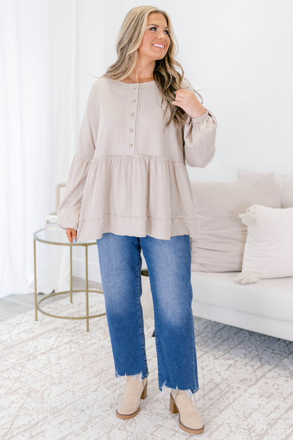 Chic Soul plus size clothing, light tan long sleeve baby doll top with buttons 1/2 way down 