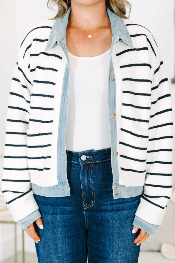 Plus size striped knit jacket with denim trim, button front, and a relaxed, feminine fit.