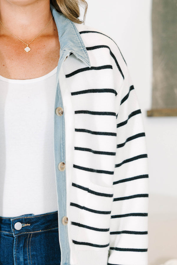 Plus size striped knit jacket with denim trim, button front, and a relaxed, feminine fit.