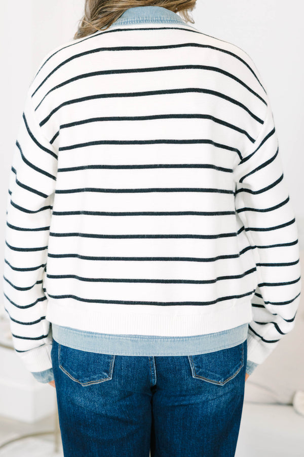 Plus size striped knit jacket with denim trim, button front, and a relaxed, feminine fit.