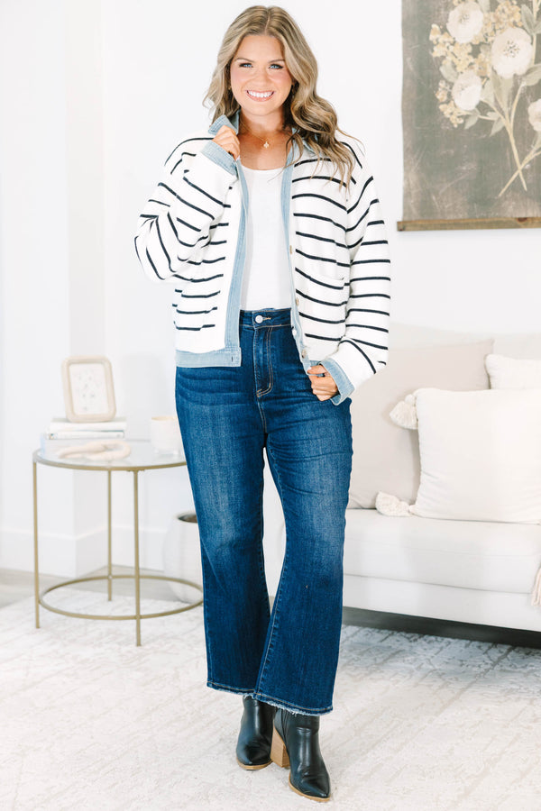Plus size striped knit jacket with denim trim, button front, and a relaxed, feminine fit.