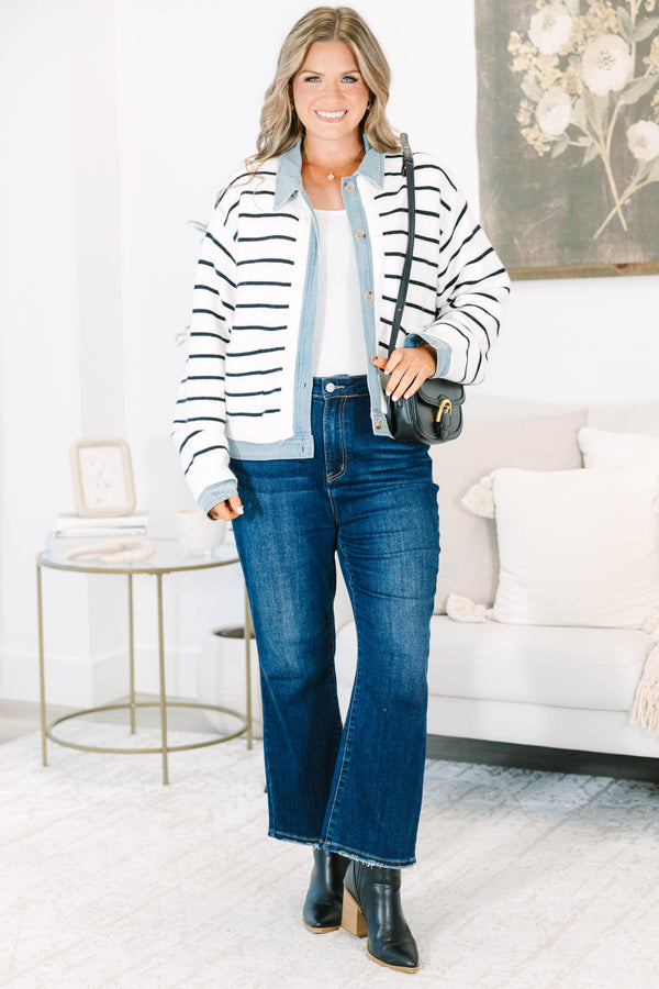 Plus size striped knit jacket with denim trim, button front, and a relaxed, feminine fit.