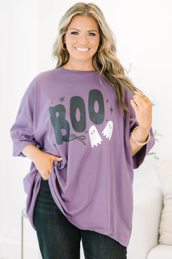 Plus size clothing, lilac gray oversized tee with boo and ghost graphic