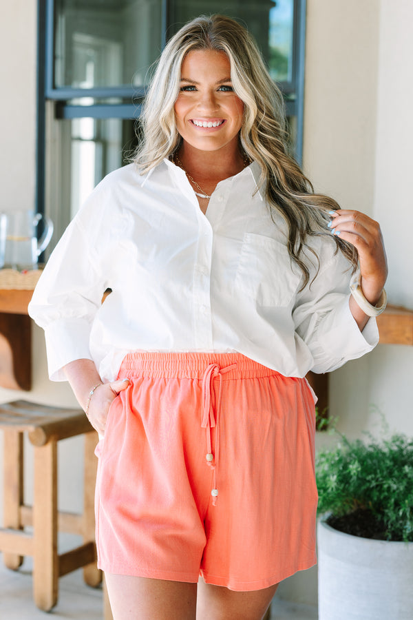 Plus Size coral rayon-linen blend shorts with an elastic drawstring waist and relaxed fit.