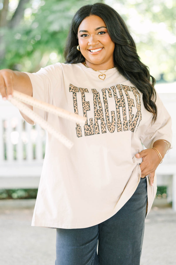 Plus Size light mocha oversized boyfriend tee with a leopard print teacher graphic.