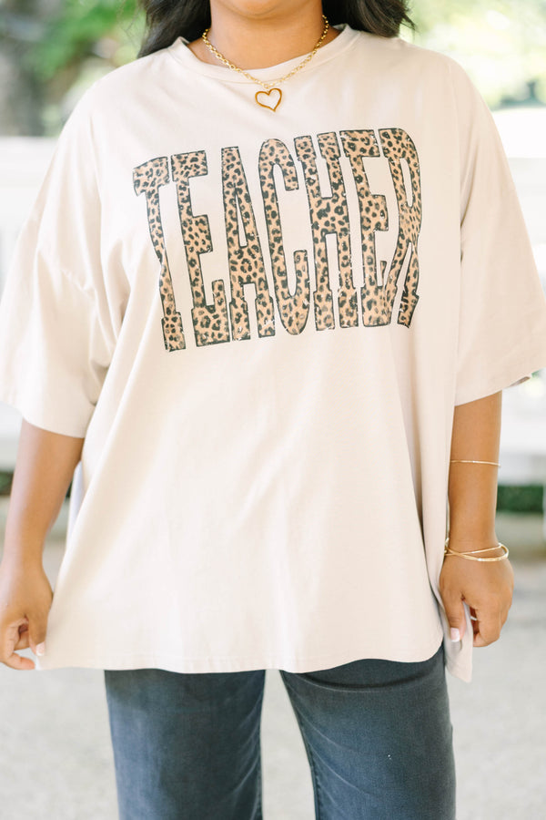 Plus Size light mocha oversized boyfriend tee with a leopard print teacher graphic.
