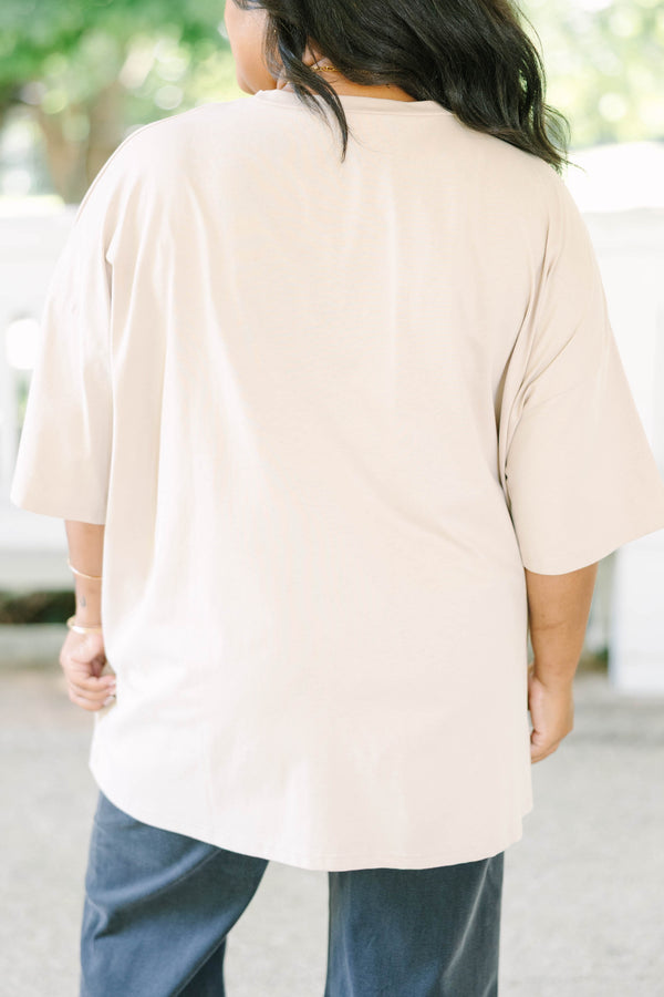Plus Size light mocha oversized boyfriend tee with a leopard print teacher graphic.