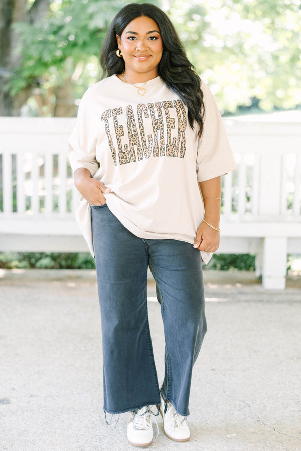 Plus Size light mocha oversized boyfriend tee with a leopard print teacher graphic.