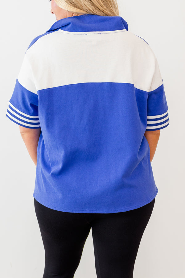 Chic Soul plus size clothing, short-sleeve blue top with v-neckline and collar with white stripe color-block detailing on sleeves