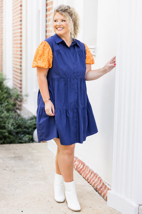 Chic Soul plus size clothing, short-sleeve collared button up ruffled navy blue dress with orange sequin puffed sleeves 