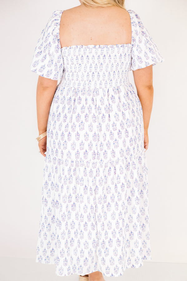 Chic Soul plus size clothing, white and purple floral print square neck puff sleeve tiered midi dress