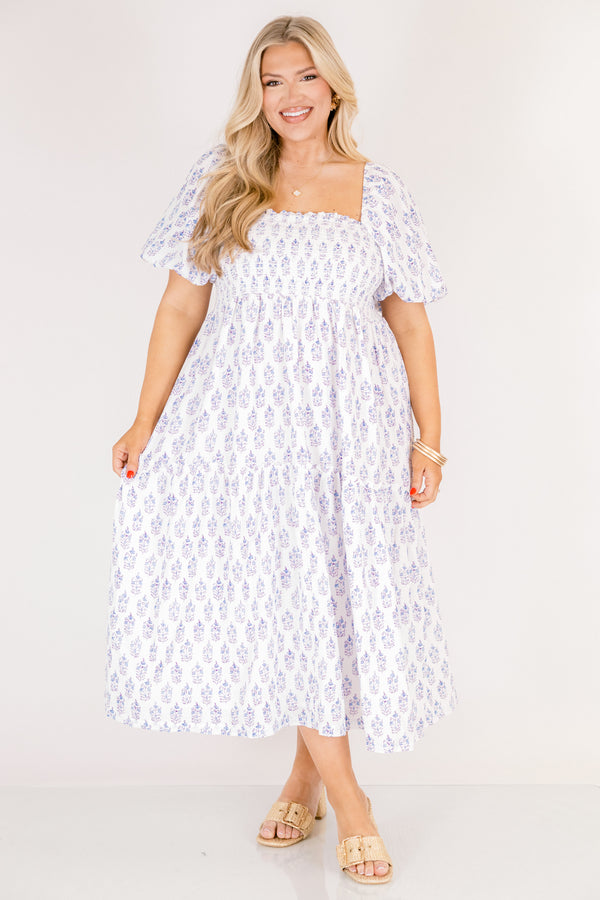 Chic Soul plus size clothing, white and purple floral print square neck puff sleeve tiered midi dress