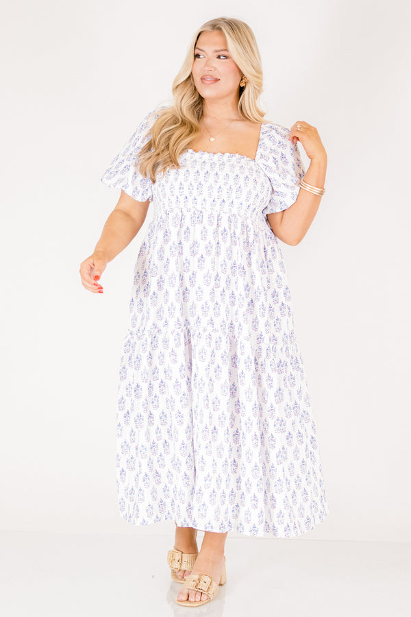 Chic Soul plus size clothing, white and purple floral print square neck puff sleeve tiered midi dress