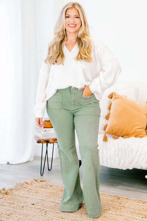 Chic Soul plus size clothing,  olive colored flare jeans with two front pockets 