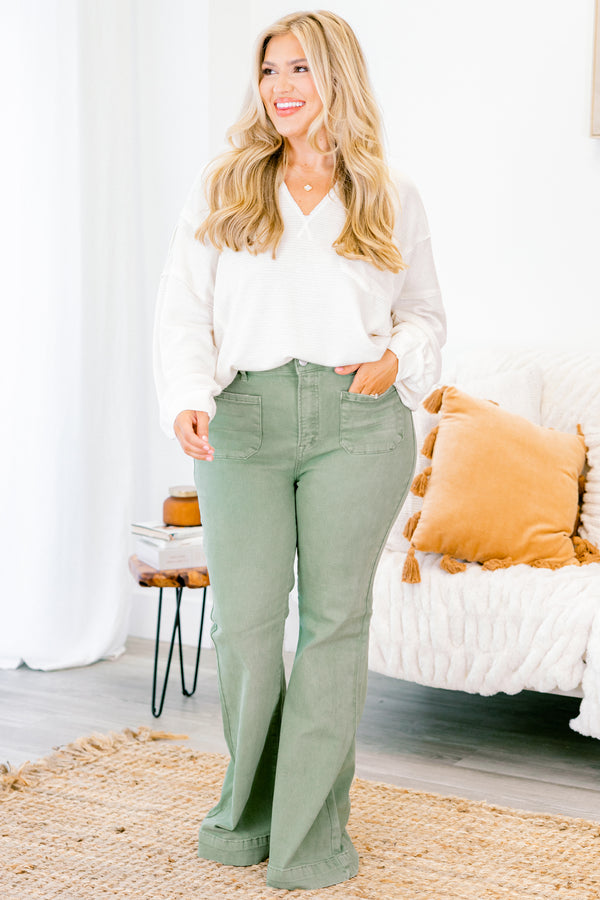 Chic Soul plus size clothing,  olive colored flare jeans with two front pockets 