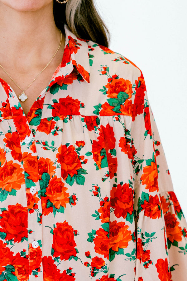 Chic Soul plus size clothing, flowy long-sleeve collared buttoned red-beige blouse with red rose floral pattern 