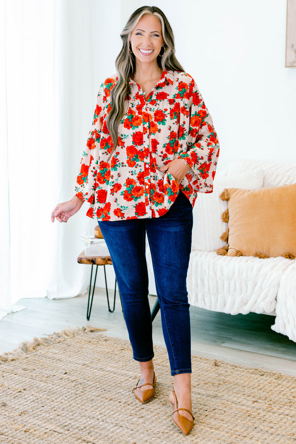 Chic Soul plus size clothing, flowy long-sleeve collared buttoned red-beige blouse with red rose floral pattern 